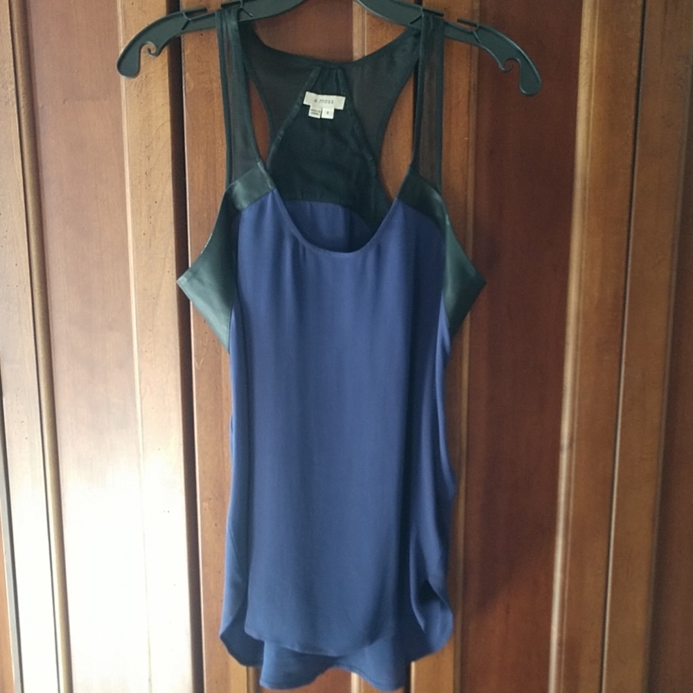 Blue and black leather detail racer back tank
